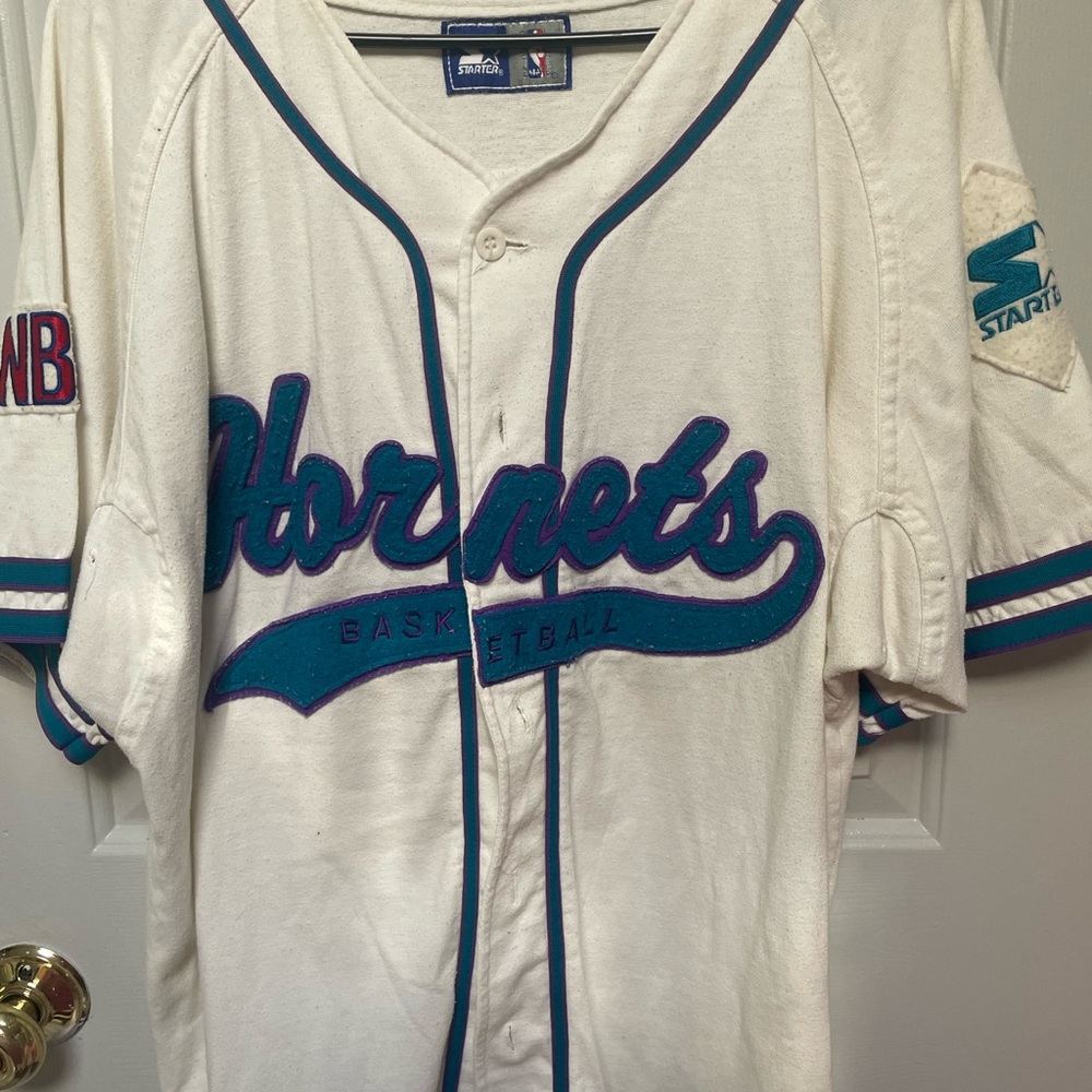 Vintage 90’s STARTER White and Teal Hornets Baseball Jersey